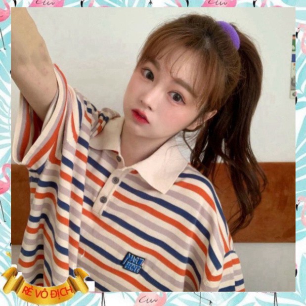(mới) Áo Phông Polo Kẻ Sọc Hồng Unisex 🦋 Áo Thun Cổ Bẻ Tay Lỡ Dáng Rộng