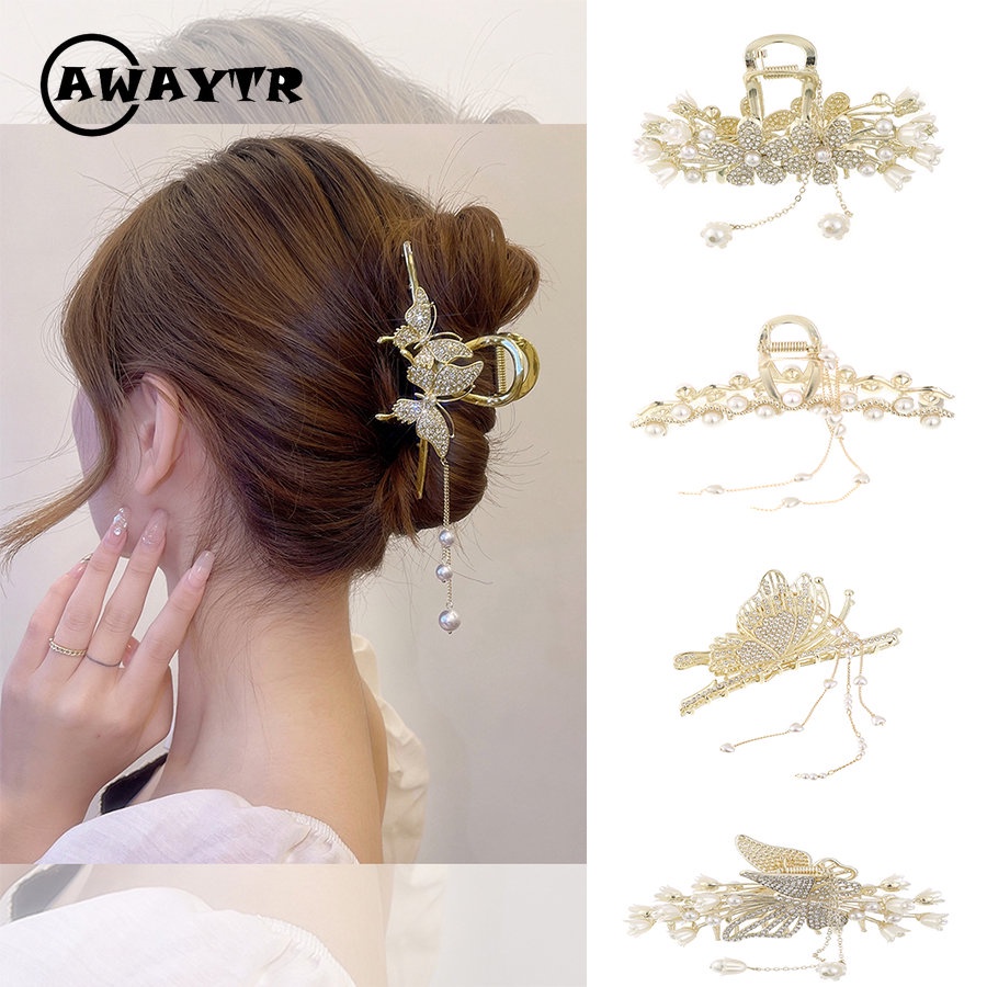 Kẹp Tóc Hình Bướm Đính Đá / Ngọc Trai Giả Bằng Kim Loại Phong Cách Hàn Quốc Thanh Lịch Dành Cho Nữ