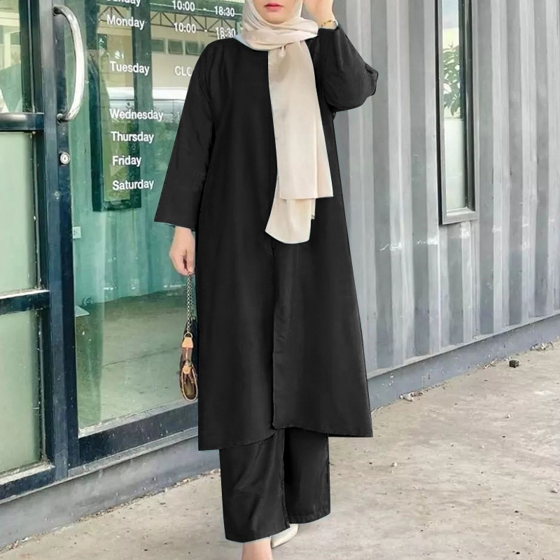 Bộ đồ Hồi Giáo ZANZEA dáng rộng cổ tròn tay dài xẻ tà màu trơn thời trang cho nữ