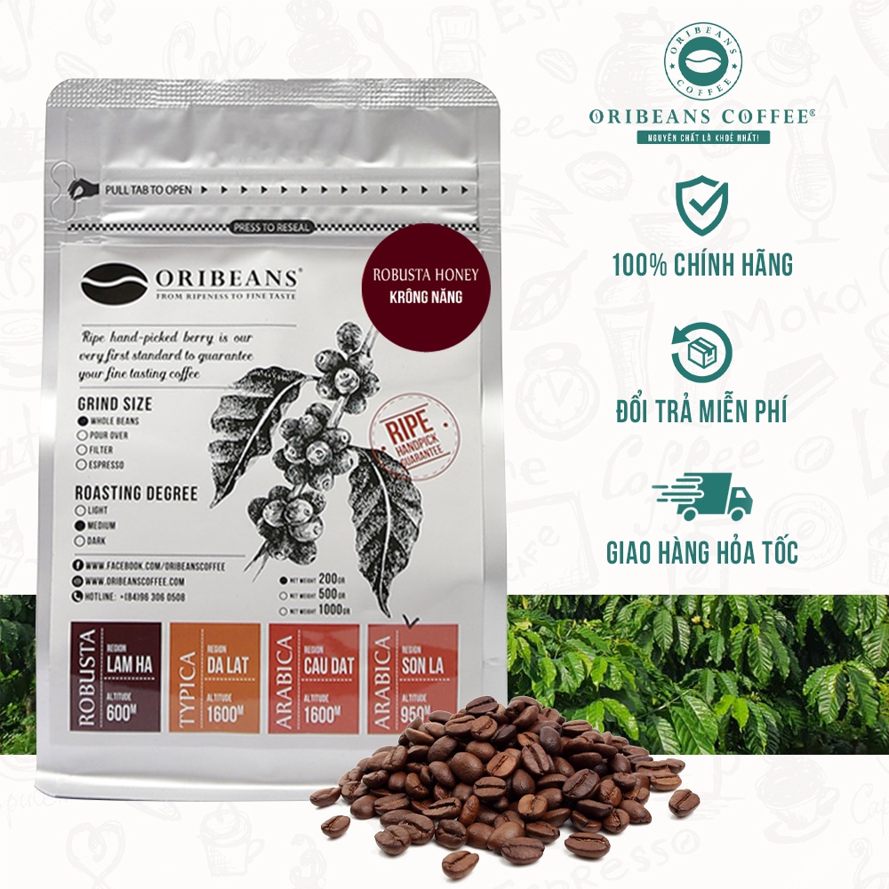 Cà phê Robusta Honey Krông Năng nguyên chất rang xay chuẩn 100% hương caramel nồng vị đắng ngọt từ ORIBEANS Coffee