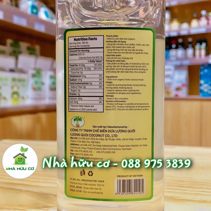 Dầu dừa nguyên chất hữu cơ ép lạnh Vietcoco chai 250ml - Date: 2023