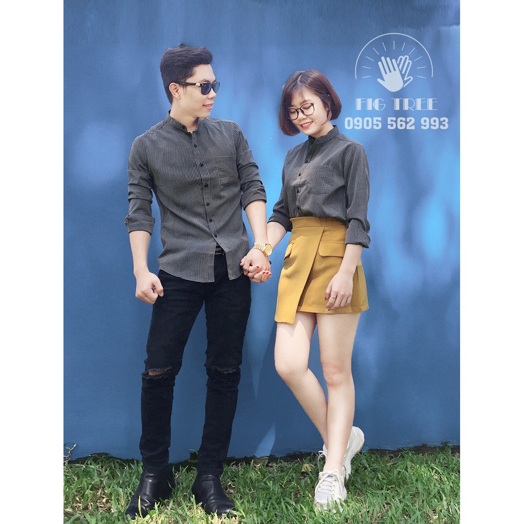 Áo cặp sơ mi sọc đen cổ trụ hot teen