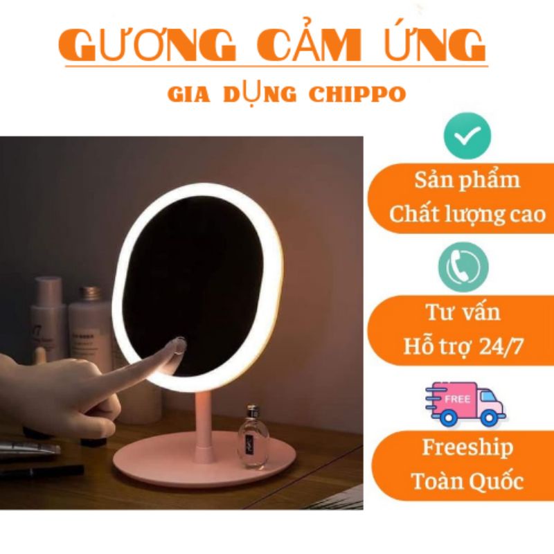 Gương trang điểm mini để bàn cảm ứng có đèn led 3 CHẾ ĐỘ SÁNG , Gương để bàn mini ( Shop Chippo)