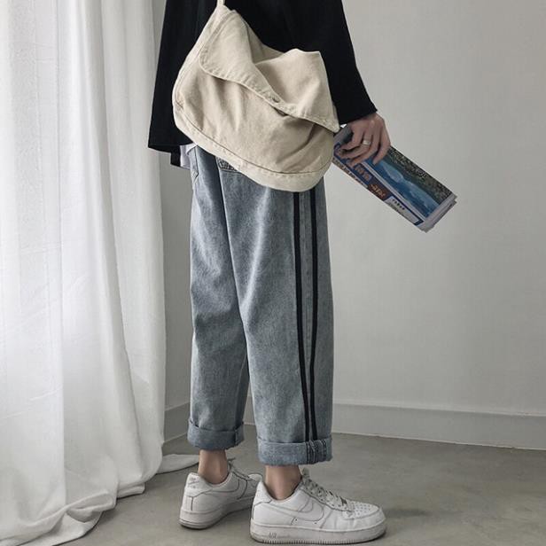 ✘(HÀNG ORDER) QUẦN JEANS NAM ỐNG RỘNG PHỐI VIỀN 2 SỌC HÀN QUỐC