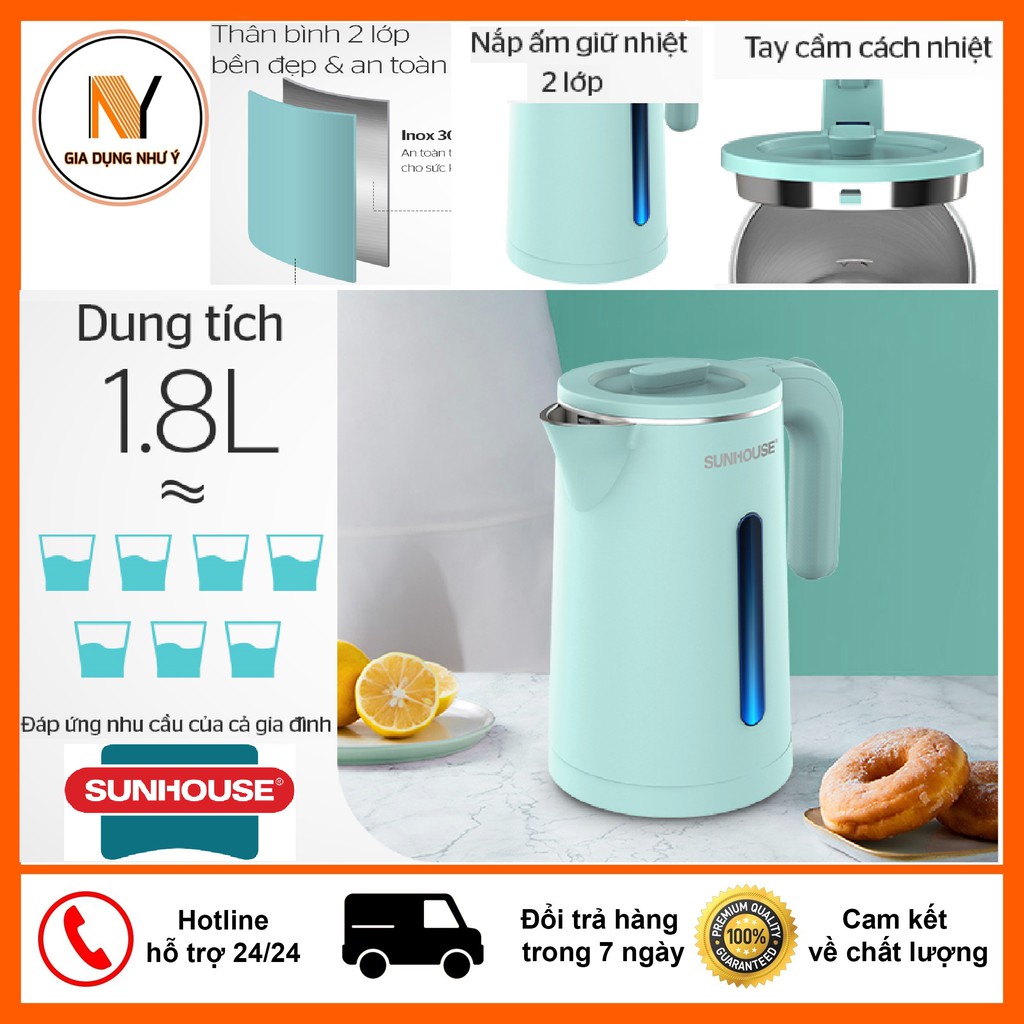 Ấm Siêu Tốc 2 Lớp Sunhouse SHD1351 Dung Tích 1.8 Lít, Bền Đẹp An Toàn, Bảo Hành Chính Hãng