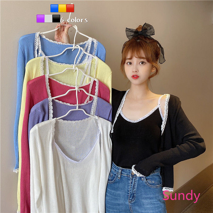 Bộ Áo Dây Dệt Kim Và Áo Khoác Cardigan Xinh Xắn Cho Nữ