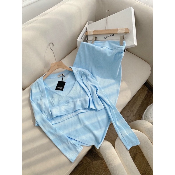 Set 3 món: khoác crop + crop 2s + chân váy midi