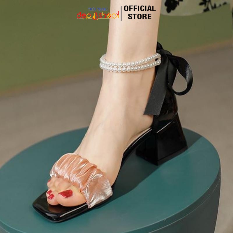 Giày Cao Gót Big Size quai ngang bèo nhún Giày gót vuông 5 phân vòng ngọc có size 42 43 Cao cấp Depvashock