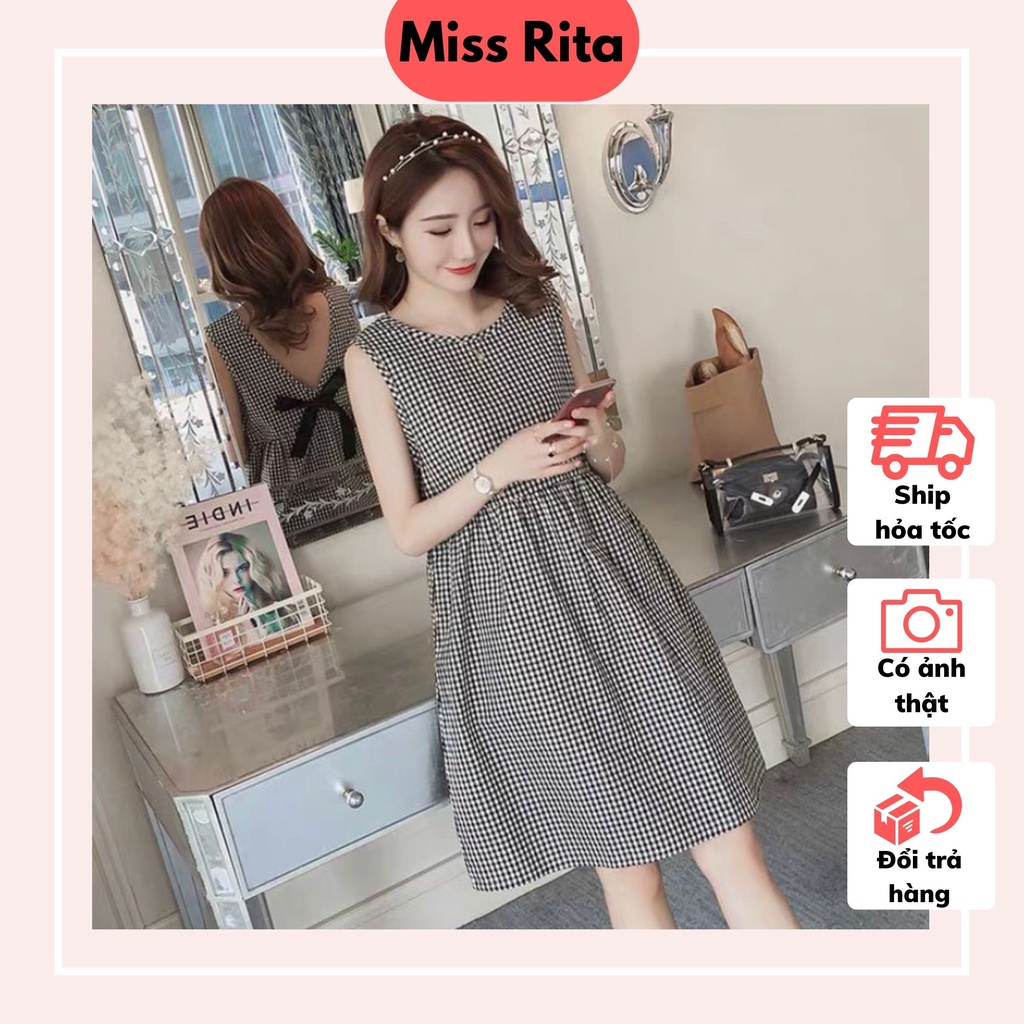 Đầm bầu babydoll sát nách kẻ caro khoét chữ V nơ lưng sang chảnh thiết kế bởi Đầm Bầu Nhung Huấn