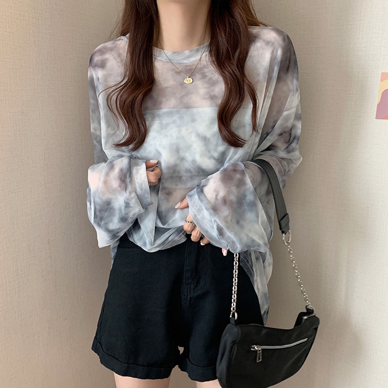 Áo Thun Nữ Tay Dài Dáng Rộng Màu Nhuộm Trong Suốt Thời Trang