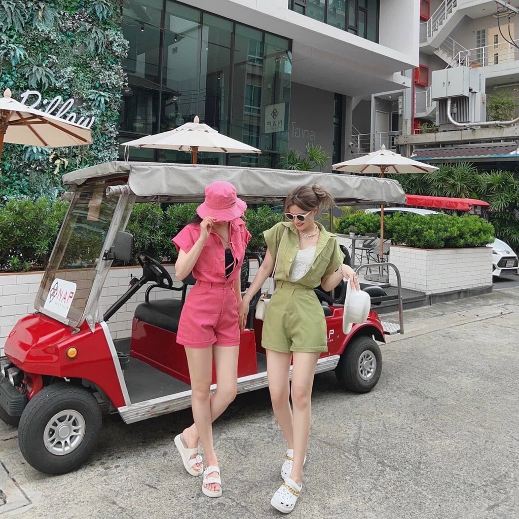 [9.9 Sales Freeship] Set bộ đùi nữ, set áo sơ mi tay cộc đính nút phối túi kèm quần short phồng lưng cao siêu xinh dx