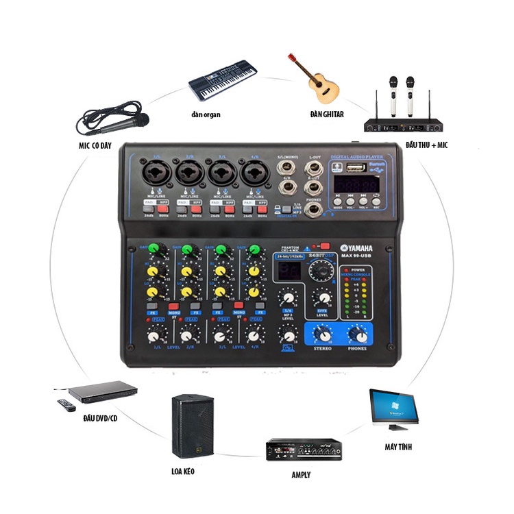 Bộ Mixer Yamaha Max 99 USB bluetooth 16 chế độ vang karaoke gia đình, livestream fb  Rất Hay