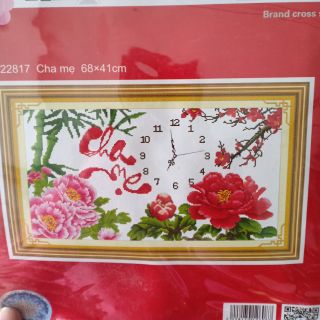 Tranh thêu chữ thập đồng hồ cha mẹ kt 68*41cm hình thật