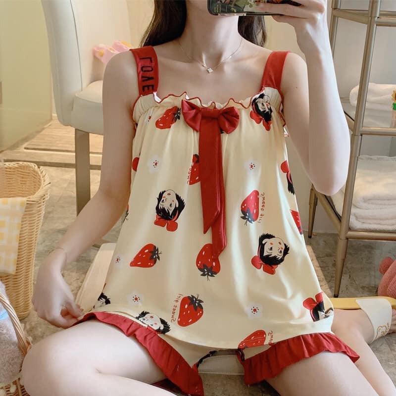 Bộ ngủ cộc 2 dây buộc nơ xinh xinh(kèm ảnh thật,video) | BigBuy360 - bigbuy360.vn