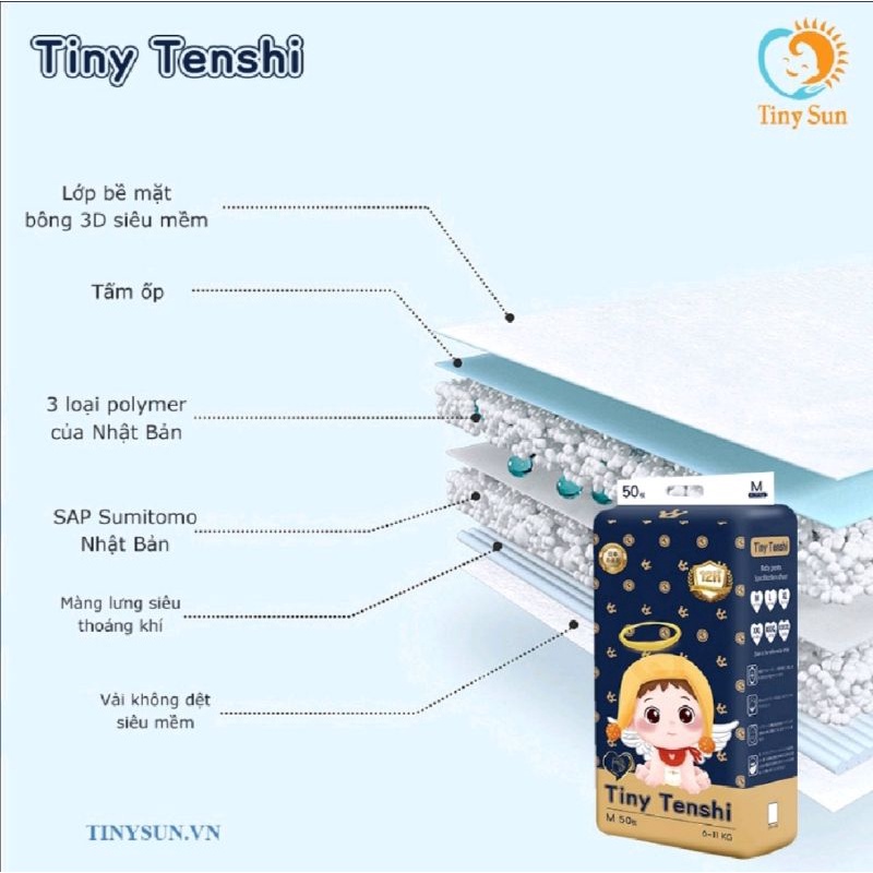 Tã Bỉm quần trẻ em Tiny Tenshi size M50/L50/XL50/XXL50/XXXL50/XXXXL50 miếng cho trẻ từ 5 đến 30kg