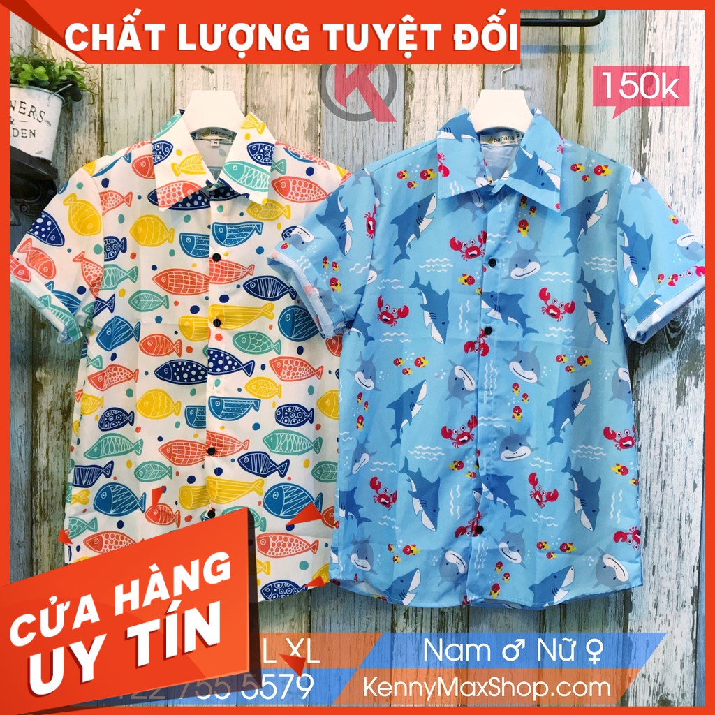 Áo Sơ Mi Đi Biển Vải Mềm Mát Có Đủ Size - Cá 7 màu / Cá mập cua