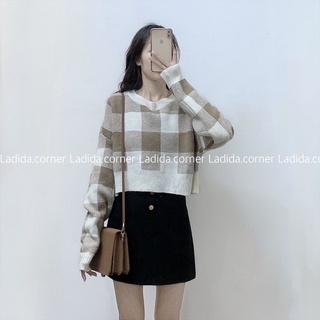 Áo len croptop kẻ caro