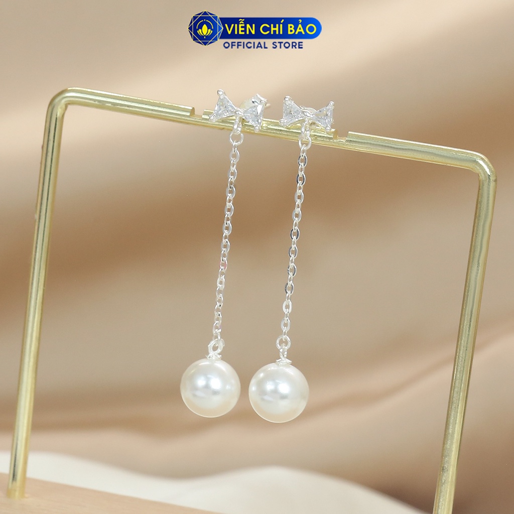 Bông tai bạc nữ Trái châu hình nơ đính đá chất liệu bạc 925 thời trang phụ kiện trang sức nữ Viễn Chí Bảo B400502