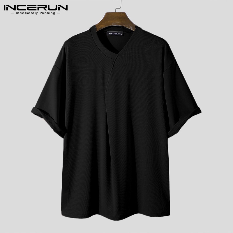 Áo thun INCERUN tay ngắn cổ V màu trơn thời trang đơn giản cho nam