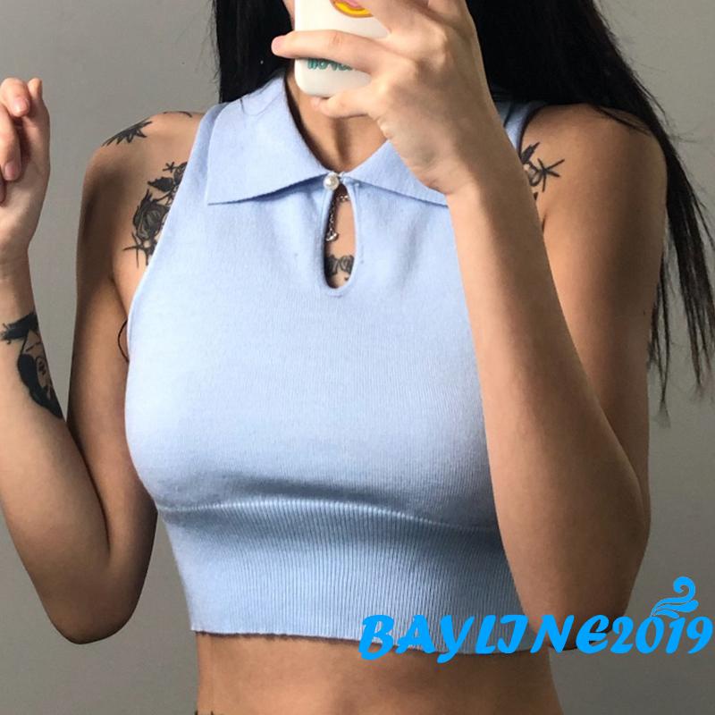 Áo Croptop Dệt Kim Sát Nách Cổ Bẻ Màu Trơn Thời Trang Mùa Hè Cho Nữ