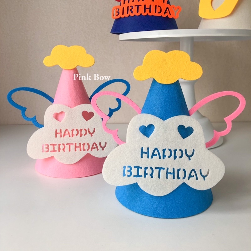 Nón nỉ sinh nhật có cánh thiên thần và chữ Happy Birthday/Vương Miện/Đám Mây đủ màu sắc kiểu dáng có quai đeo