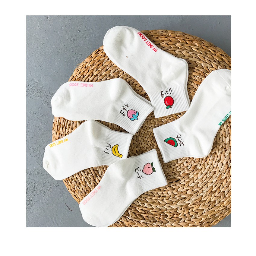 Vớ thể thao cổ cao màu trơn in họa tiết trái cây phong cách Hàn Quốc