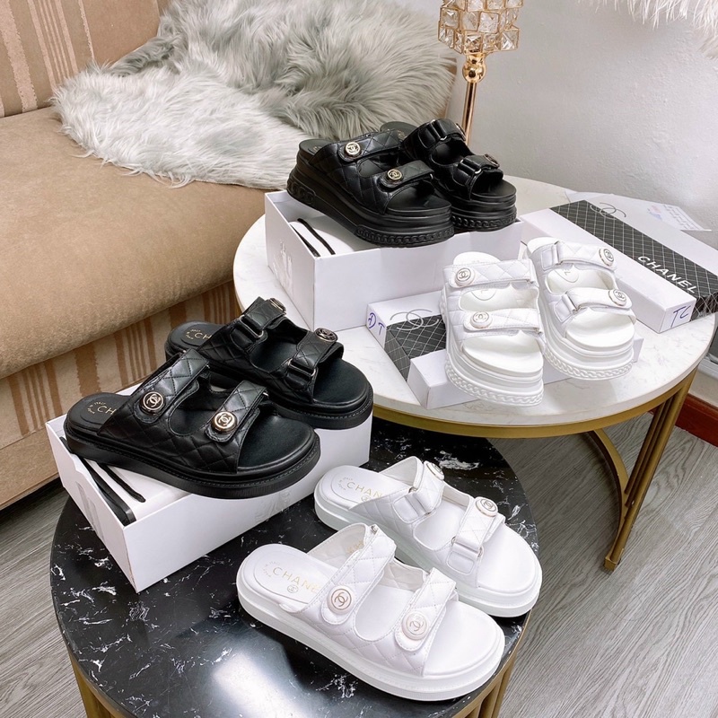 dép nữ đế xuồng chànel bánh mỳ 2 quai ngang màu đen/ trắng thời trang (fullbox Bill túi giấy)