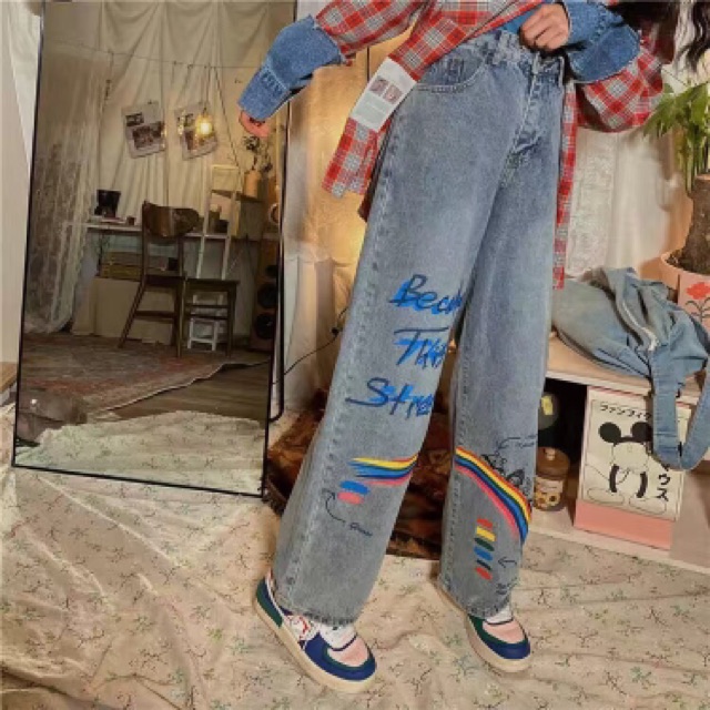 Quần Jeans Hoạ Tiết Cầu Vòng 🌈 Kiểu dáng Unisex , Cạp Cao phù hợp cho cả nam , nữ