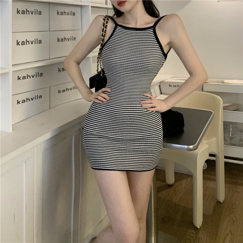 Đầm Hai Dây Hở Lưng Họa Tiết Kẻ Sọc Màu Sắc Tương Phản Phong Cách Hàn Quốc Thời Trang Mùa Hè Cho Nữ