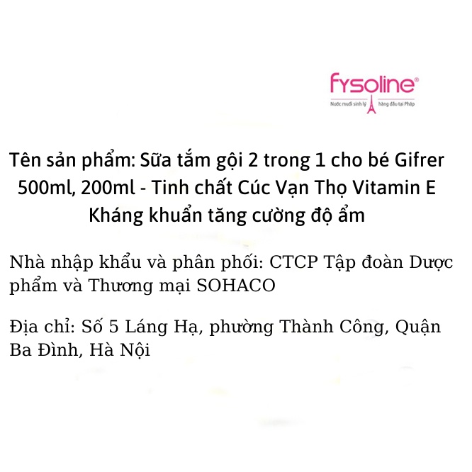 Sữa tắm gội 2 trong 1 cho bé Gifrer 500ml - Tinh chất Cúc Vạn Thọ Vitamin E Kháng khuẩn tăng cường độ ẩm