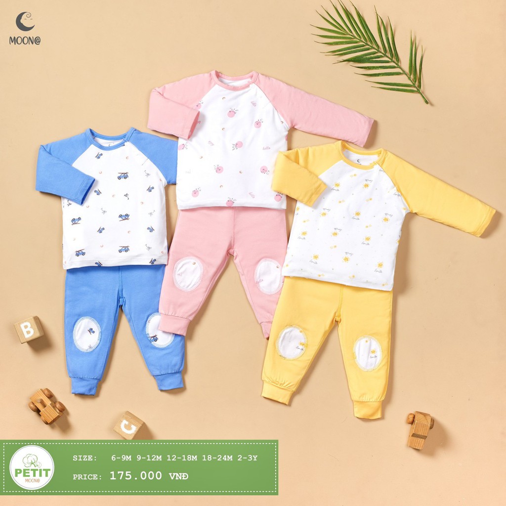 [CHÍNH HÃNG] Bộ quần áo dài tay raglan petit trẻ em phối họa tiết độc đáo Moon