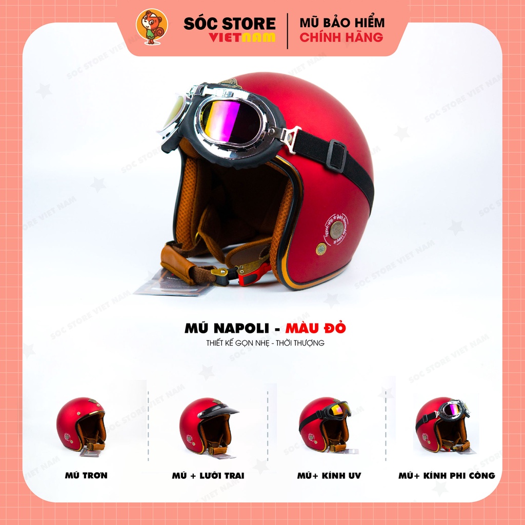 Mũ bảo hiểm 3/4 NAPOLI chính hãng, nón bảo hiểm 3/4 nam nữ Sóc Store freesize