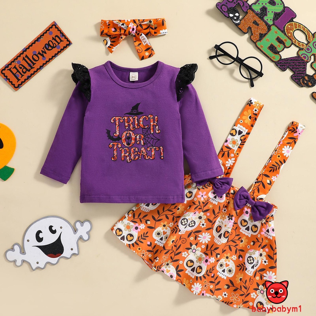 Bộ 3 Món Áo + Chân Váy + Băng Đô In Họa Tiết Hoa / Đầu Lâu Halloween Cho Bé Gái