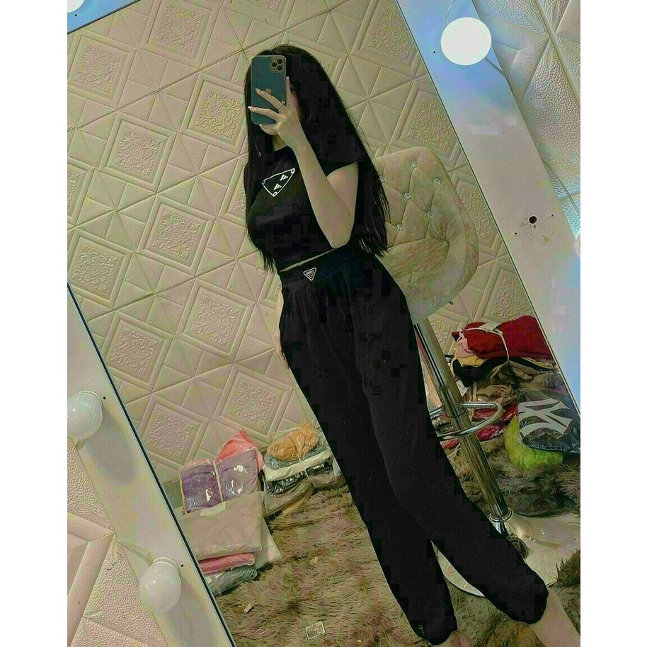 [8.8 Sales Freeship] Set bô thể thao nữ, set bộ áo cổ tròn croptop in logo, quần dài jogker ống túm cá tính dx