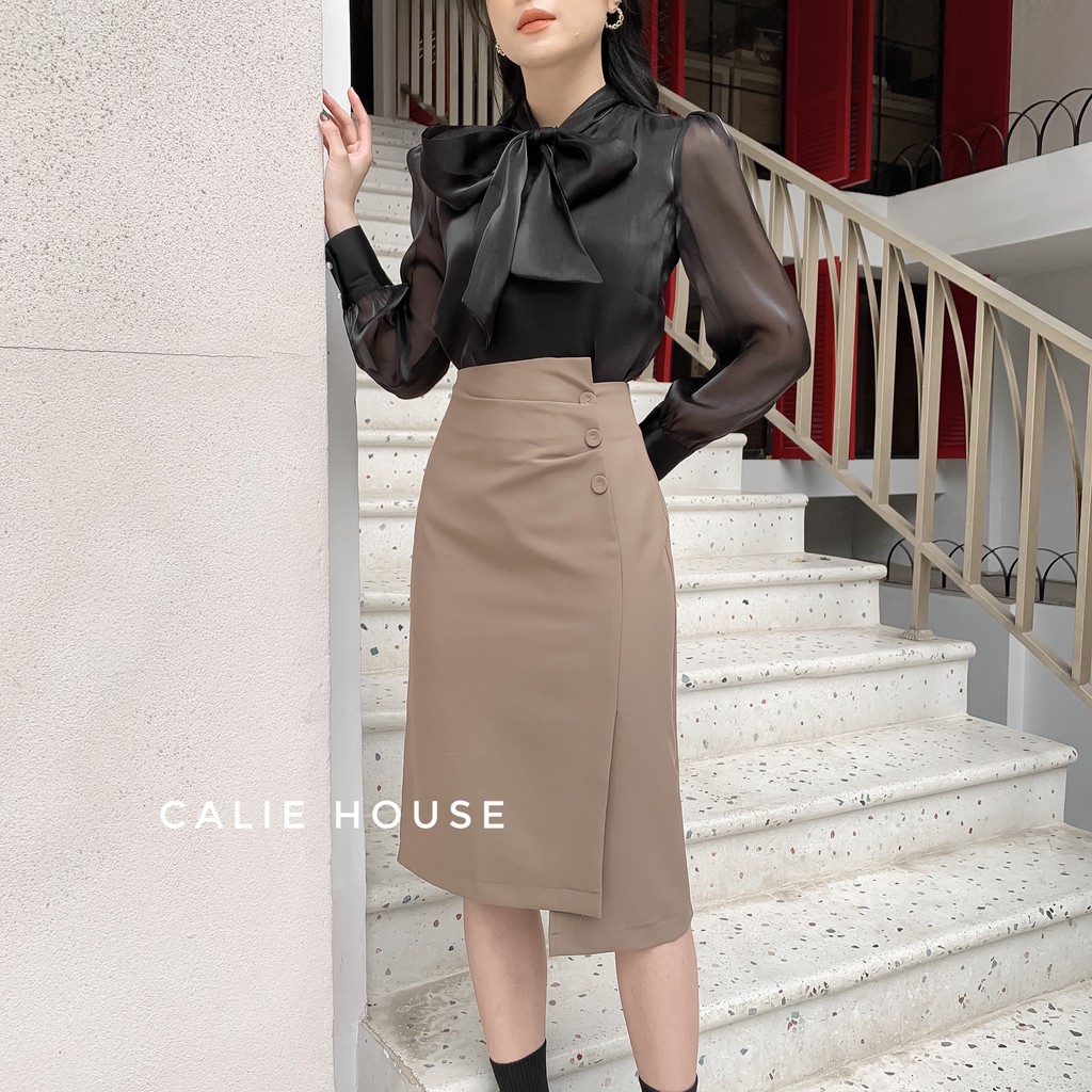 Chân váy dáng dài nữ dáng A cạp cao vạt lệch đính cúc thanh lich thời trang công sở Calie House CV23 | BigBuy360 - bigbuy360.vn