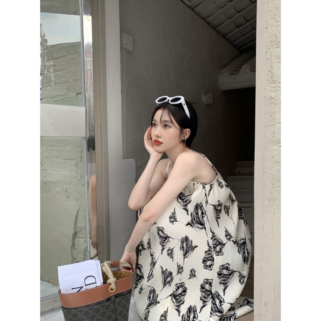 Đầm Chữ A Không Tay Hở Vai In Họa Tiết Thời Trang Phong Cách Hàn Quốc Cho Nữ