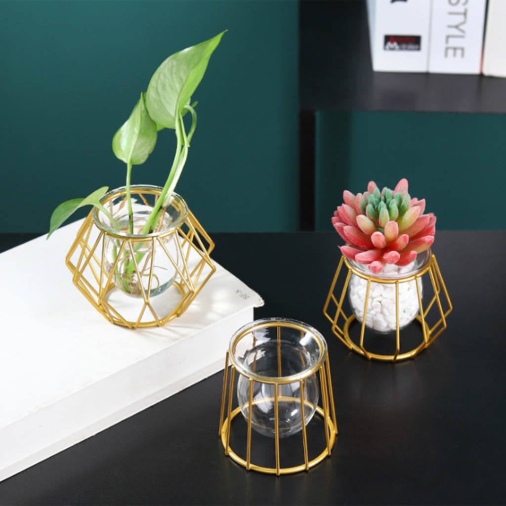 [Hàng Có Sẵn] Bình Hoa Thủy Tinh Nhỏ Họa Tiết Hình Học Vàng Kim Phong Cách Bắc Âu Retro Bền Bỉ Để Bàn Trang Trí Nhà Cửa