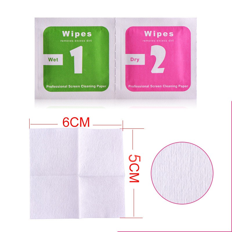 [1k] Giấy lau vệ sinh màn hình điện thoại, giấy lau bụi dán kính cường lực, 1 bộ 2 miếng khô và ướt