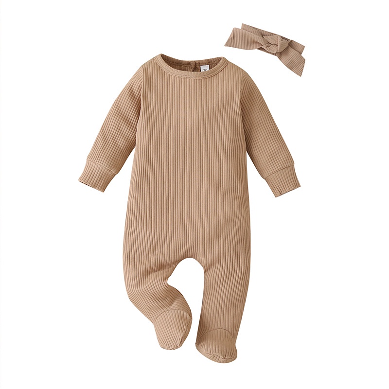 Body Tay Dài Cho Bé Trai Bé Gái Sơ Sinh 0-9 Tháng,Bodysuit Liền Thân Kèm Băng Đô Cài Tóc Màu Trơn Dễ Thương