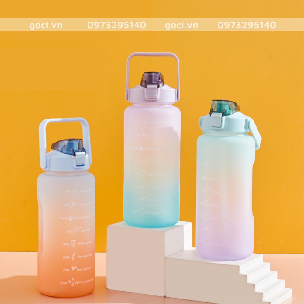 Bình đựng nước 2 lít có ống hút chia vạch nhắc nhở uống nước cute dễ thương