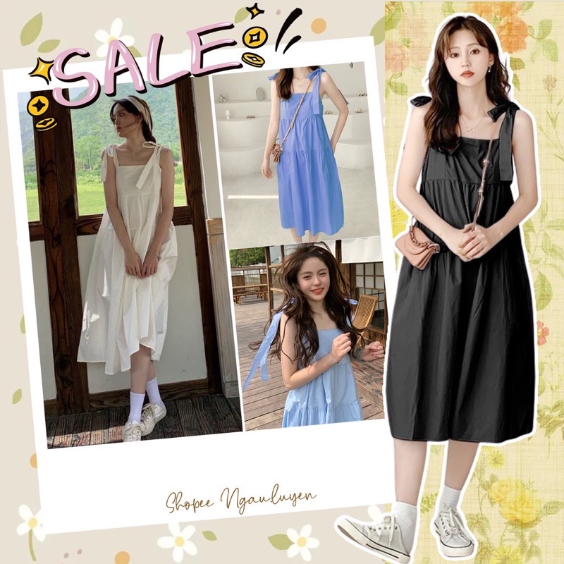 [Ảnh thật/Video]Váy Hai Dây Bản To Buộc Vai Chất Thô Lụa Mát From Rộng