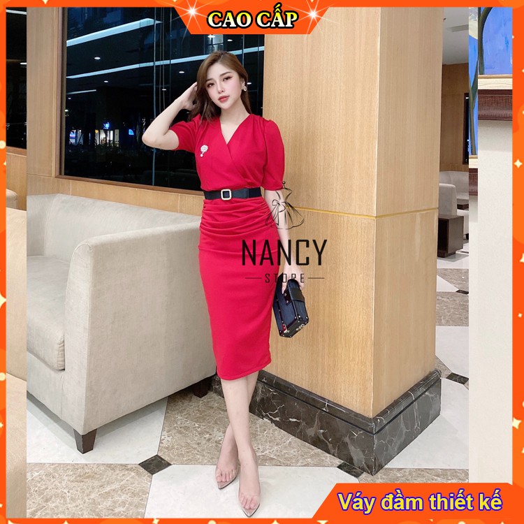 Đầm váy nữ body cổ chéo, tay ngắn, hoa ngực, ngọc đính eo cao cấp sang chảnh dự tiệc màu đỏ đen công sở Nancy A47