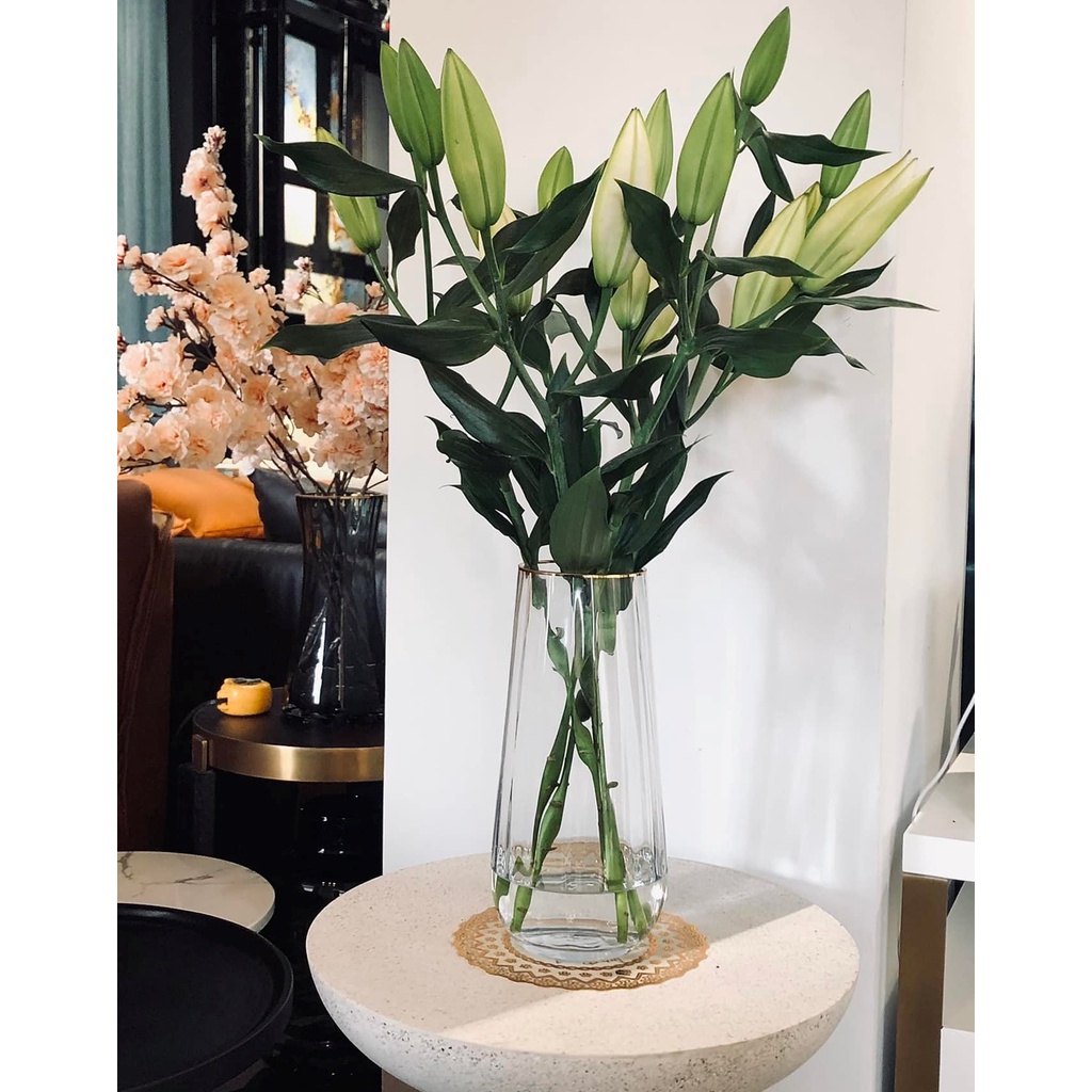 Lọ hoa thủy tinh viền vàng gudecor, bình hoa decor phòng ngủ và trang trí phòng khách cao cấp