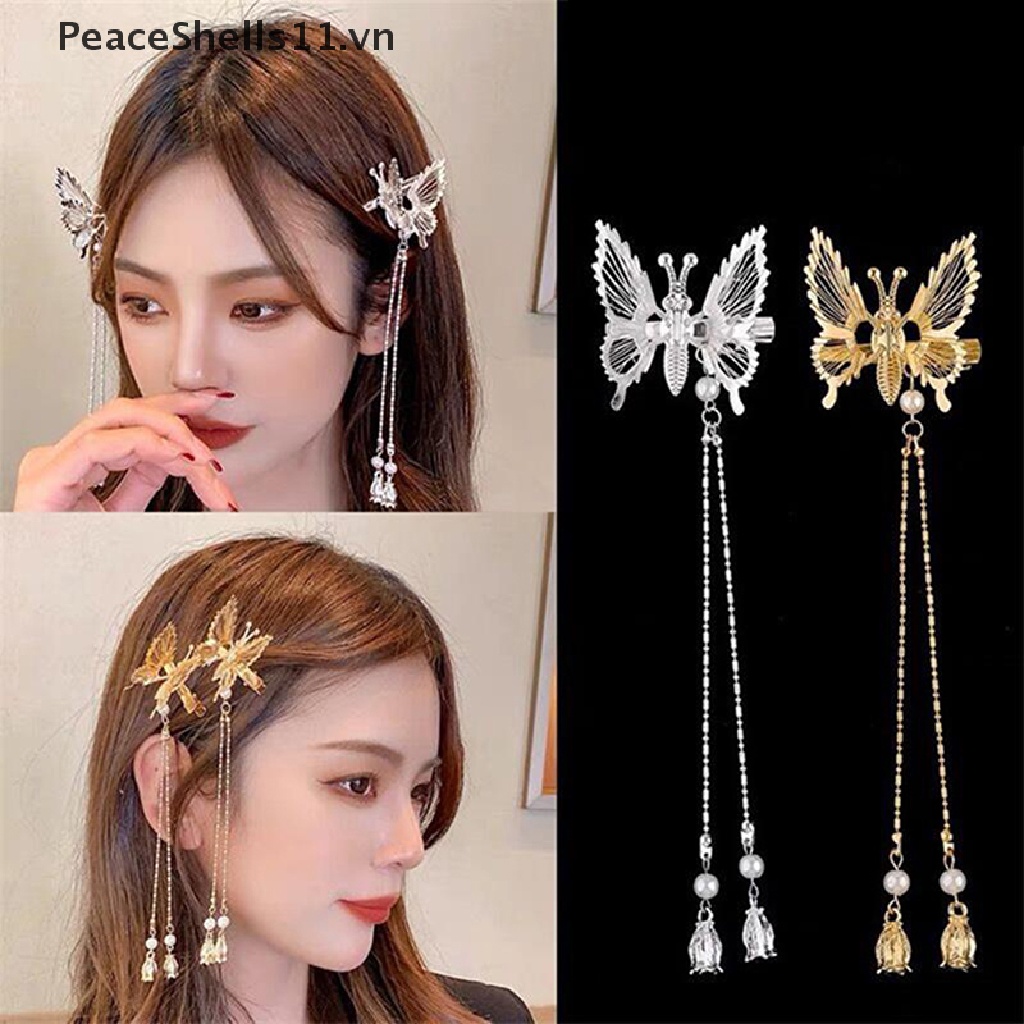[PeaceShells] Kẹp Tóc Hình Bướm Phong Cách Cổ Điển Phối Tua Rua Bước Lắc