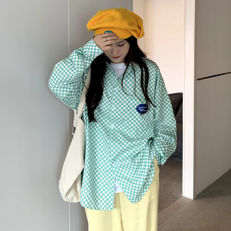 Áo Sơ Mi Nữ Dài Tay Dáng Rộng Họa Tiết Caro Trắng Đen Phong Cách Retro