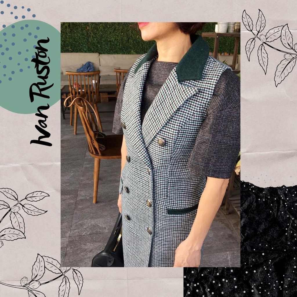 Ivan Ruston - Vest gile dạ dáng dài hai hàng cúc họa tiết răng sói houndstooth màu nâu//xanh lá