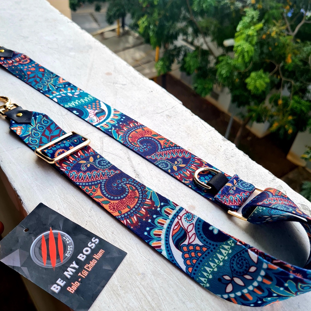 [CAO CẤP] Dây Đeo Chéo Poly túi xách thổ cẩm hoa văn xanh Style 2