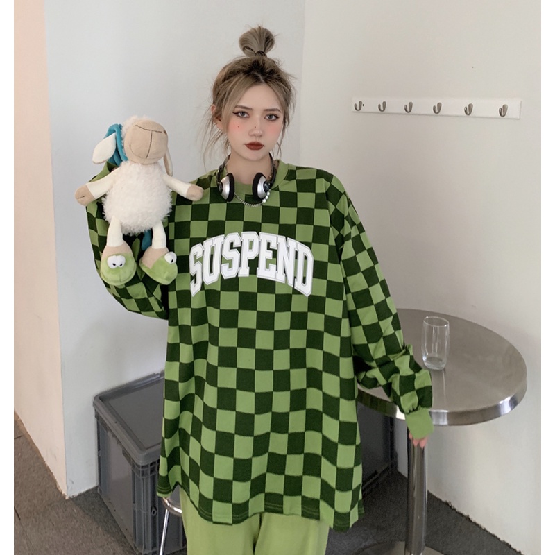 Áo sweater tay dài dáng rộng kẻ sọc caro thời trang Mỹ cổ điển cá tính cho nữ Xiaozhainv | BigBuy360 - bigbuy360.vn