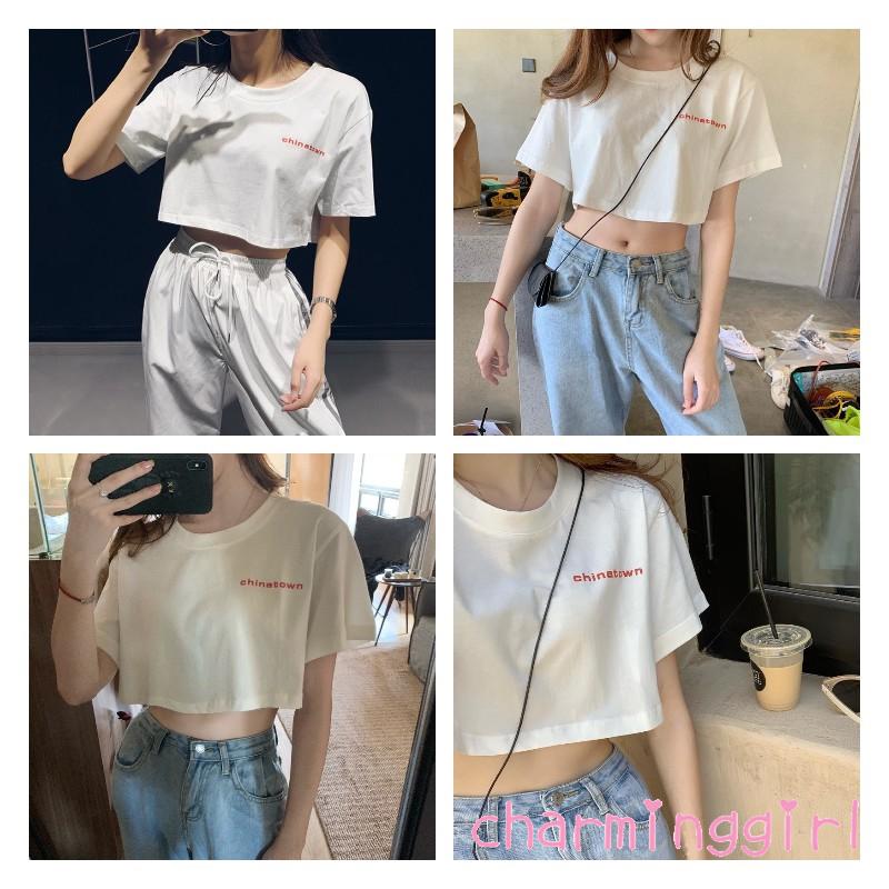 Áo Croptop Ngắn Tay In Chữ Thời Trang Cho Nữ