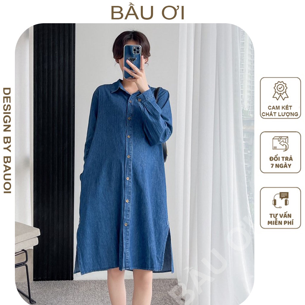 [BAUOII V117] VÁY BẦU THU ĐÔNG DÀI TAY CHẤT BÒ SIÊU ĐẸP - ĐẦM BẦU SƠ MI JEAN DÁNG SUÔNG RỘNG MẶC TRẺ TRUNG NĂNG ĐỘNG